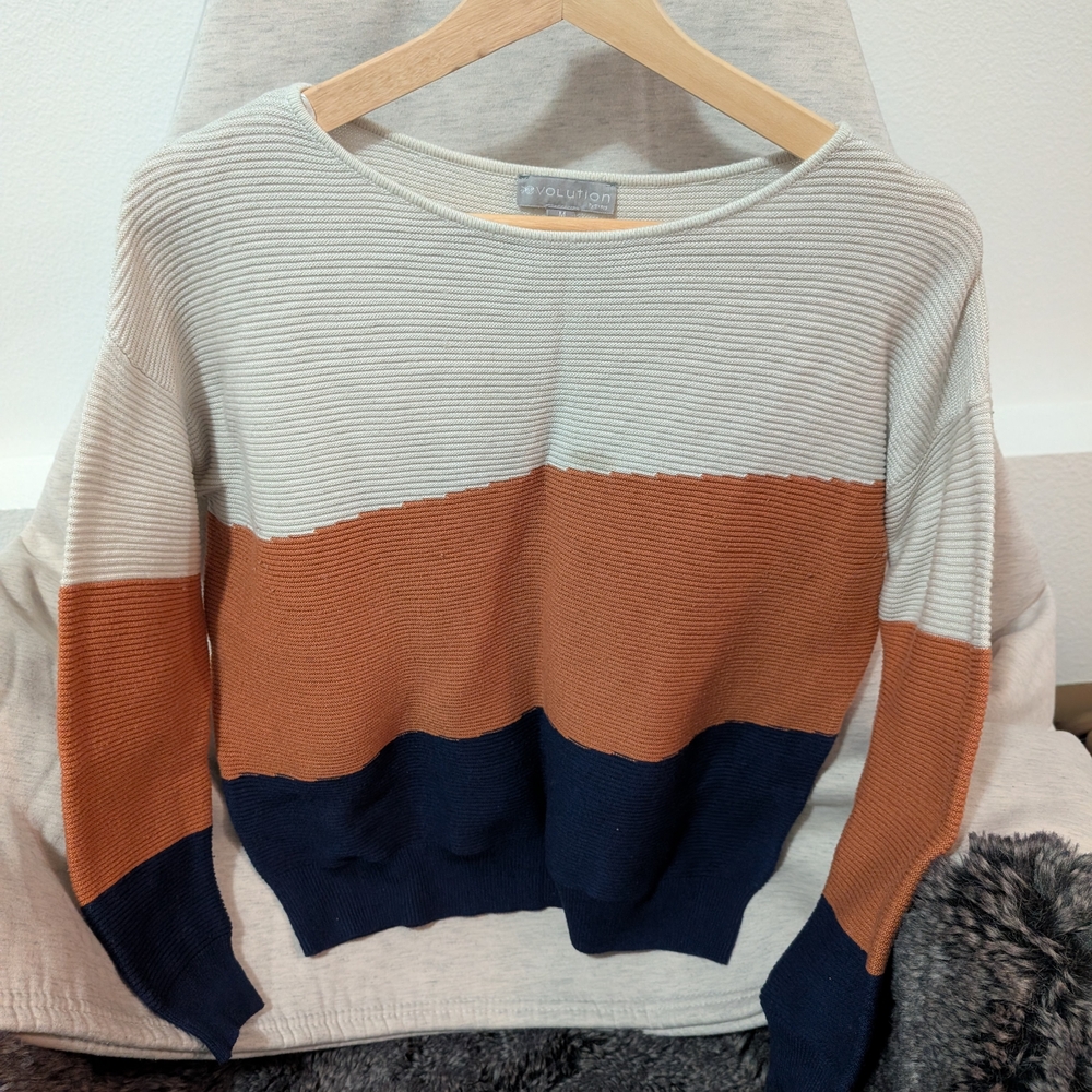 Colorblock Sweater - Cream, Brown, and Blue